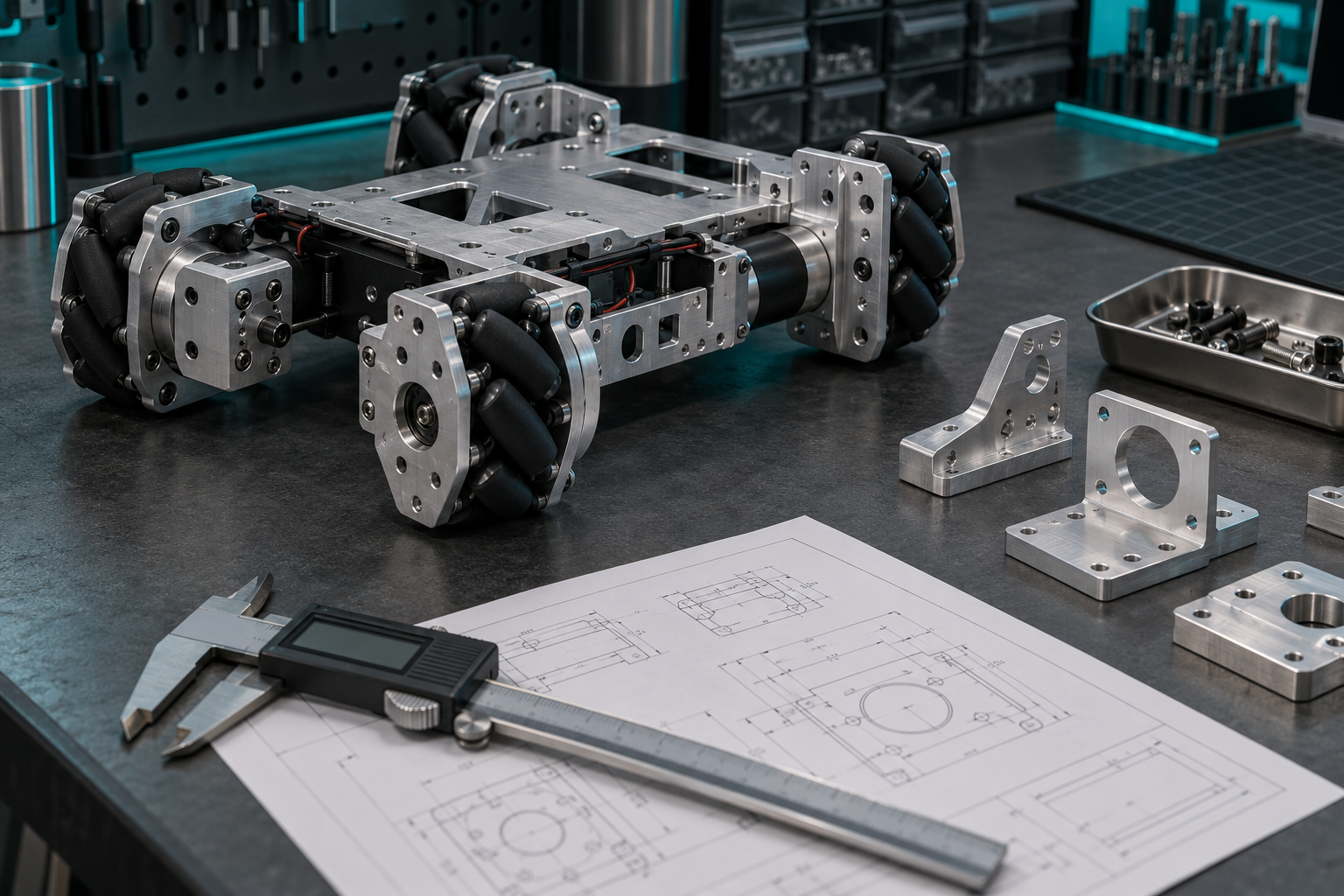 Illustration of robotics prototype with machined mounts and technical drawing